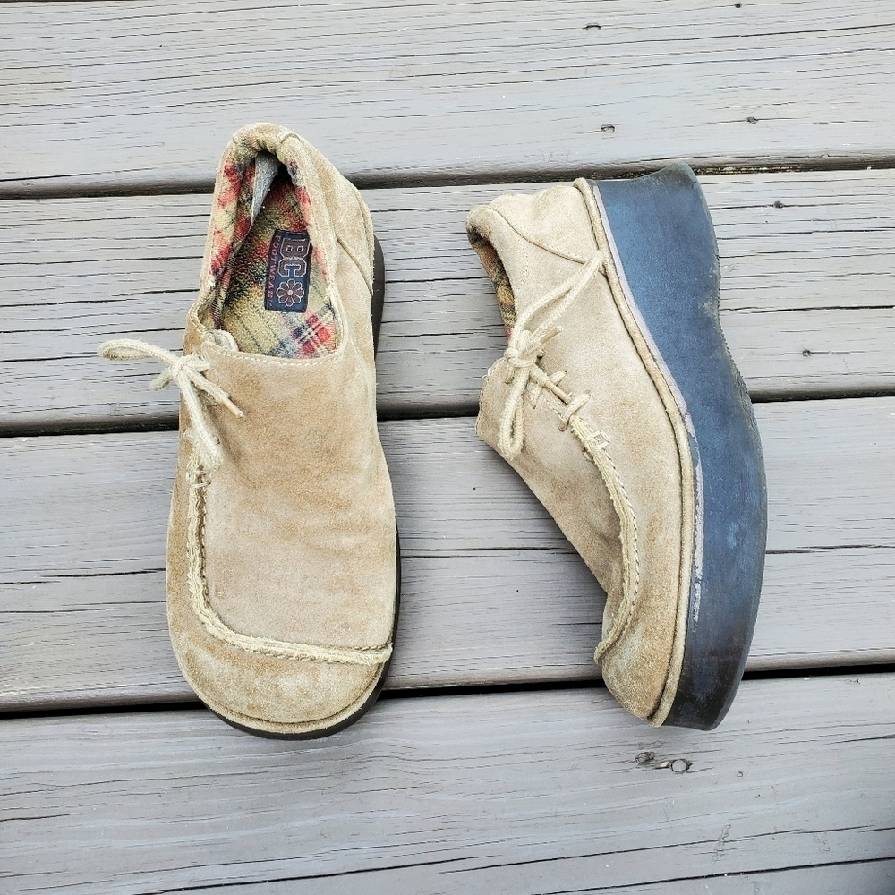 Vintage 90s y2k Bratz Camel Tan‎ Suede Leather Corset Platform Wedge Loafers 10